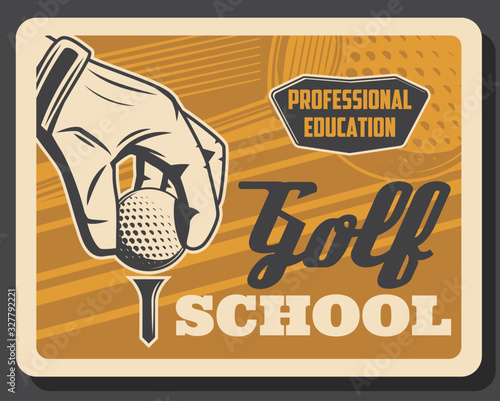 Golf club, professional golfer layers school, premium leisure sport and best recreation vintage retro poster. Vector golf education and championship tournament, golf ball and stick on putter