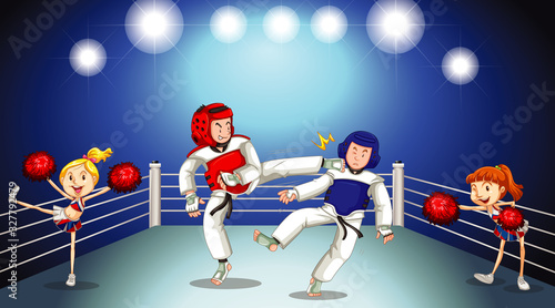 Scene with two taekwondo players fighting on stage
