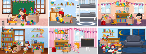 Six scenes with children doing activities in different rooms