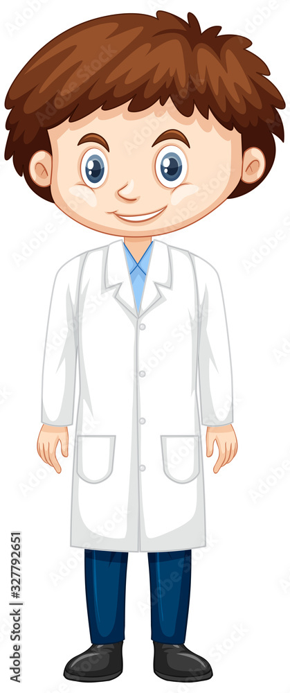 Happy boy wearing lab gown on white background Happy boy wearing lab gown on white background