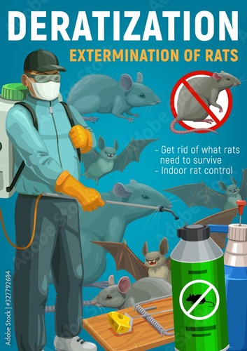 Rodent control, deratization and extermination of rats, mice and bats vector design. Pest control worker or exterminator with repellent spray, trap and rodenticide sprayer, parasite animals and mask