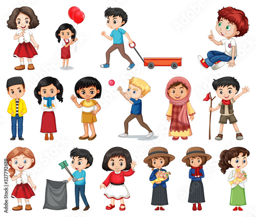 Large set of boys and girls doing different activity on white background