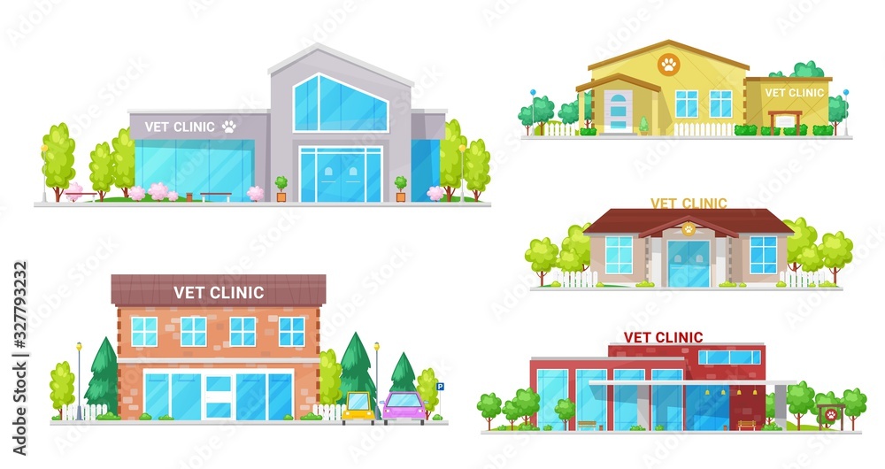 Vet clinic buildings, veterinarian and animal hospitals. Vector isolated modern vet clinic facades with infrastructure, medical institutions and health care clinic buildings
