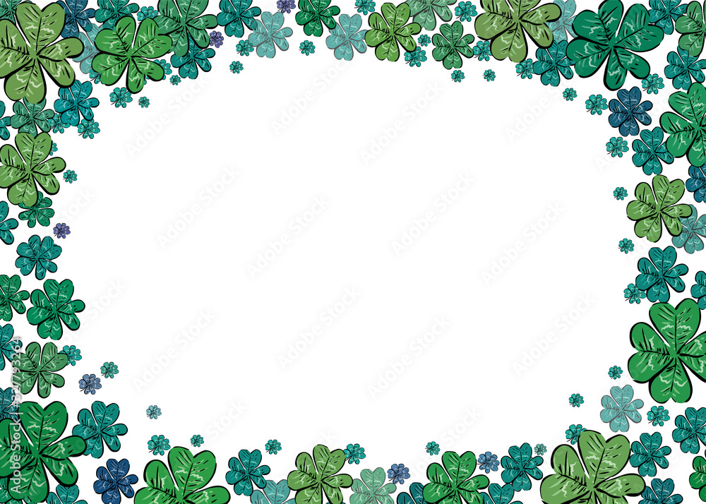 Green four leaves lucky clover frame border with free copy space for text. Saint Patrick's day celebration cards, menu, invitations or banners, presentation slide. A3 A4 A5 international paper size Green four leaves lucky clover frame border with free copy space for text. Saint Patrick's day celebration cards, menu, invitations or banners, presentation slide. A3 A4 A5 international paper size