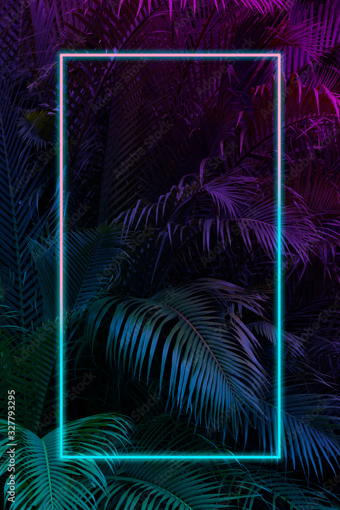 Tropical leaves with neon frame for background, palm leaves in blue and purple gradient - obrazy, fototapety, plakaty 