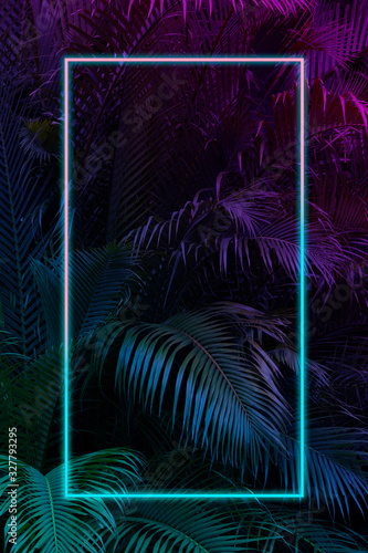 Tropical leaves with neon frame for background, palm leaves in blue and purple gradient