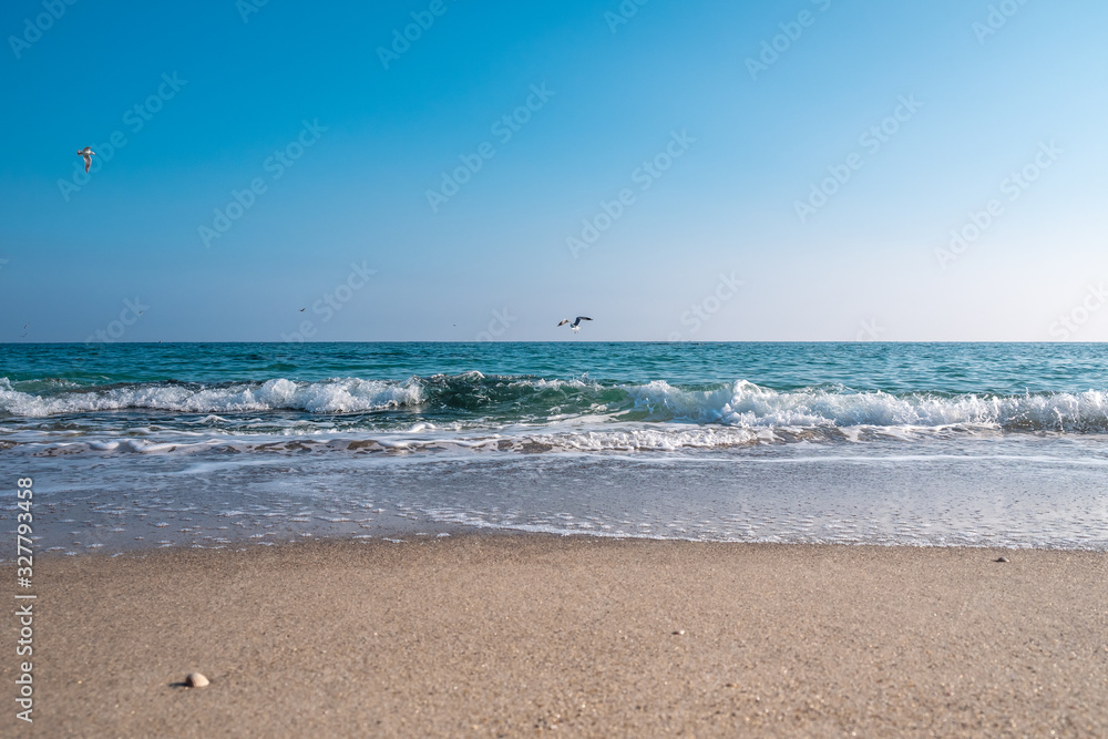 Seascape. Waves running on the sandy shore. Shore of the sea or ocean on a nice day. Vacation and relaxation by the sea.