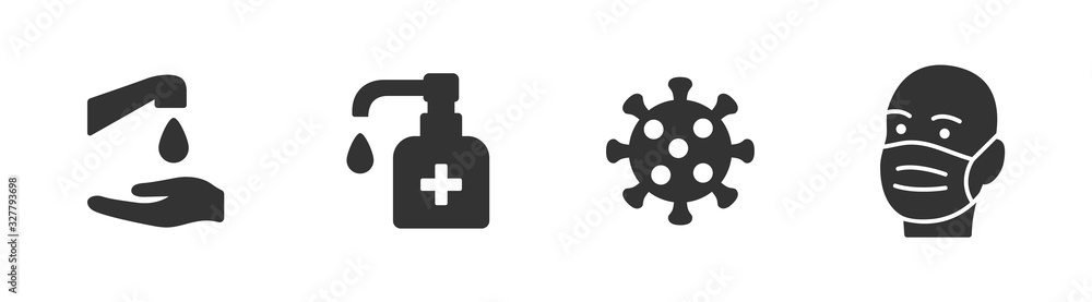 Hygiene vector icon set. Virus care black shape silhouette icons collection. Washing hands, anti bacterial soap - obrazy, fototapety, plakaty 