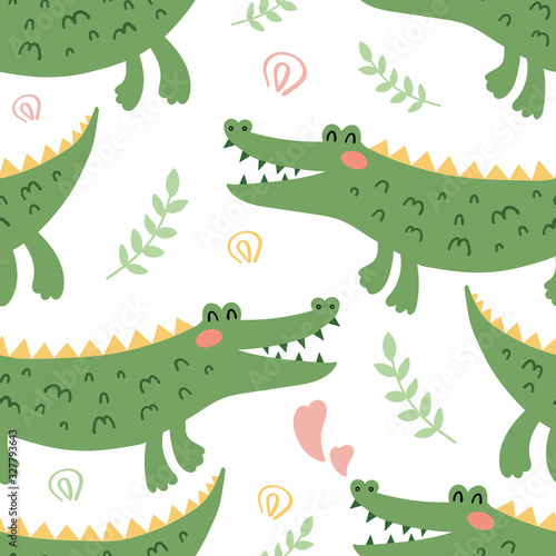  Seamless pattern with crocodiles. Decorative scandinavian vector template for children s clothing design  interior  Wallpaper  greeting cards  banners  home decoration.