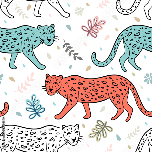 Seamless pattern with leopards. Decorative scandinavian vector template for children s clothing design  interior  Wallpaper  greeting cards  banners  home decoration.