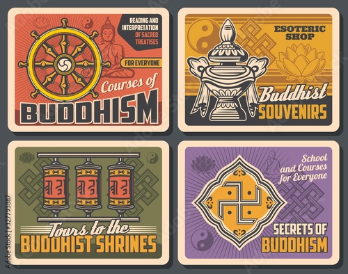 Buddhism religion, meditation and Buddha worship vintage retro posters. Vector Buddhism religious school courses, esoteric souvenirs shop and Buddhist shrines or temples pilgrim tours