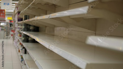 Empty shelves in store. Supermarket with empty shelves for goods