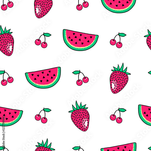Cute strawberries, watermelons, cherries seamless pattern. Sweet ripe berries isolated on white background. Vector illustration.