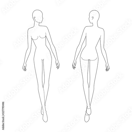 Fashion template of walking women looking right.