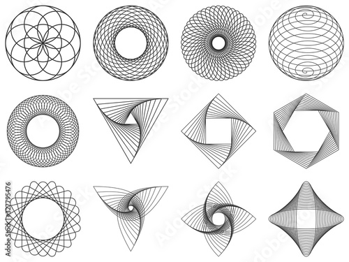 Spirograph decorative elements set. Vector geometric shapes.