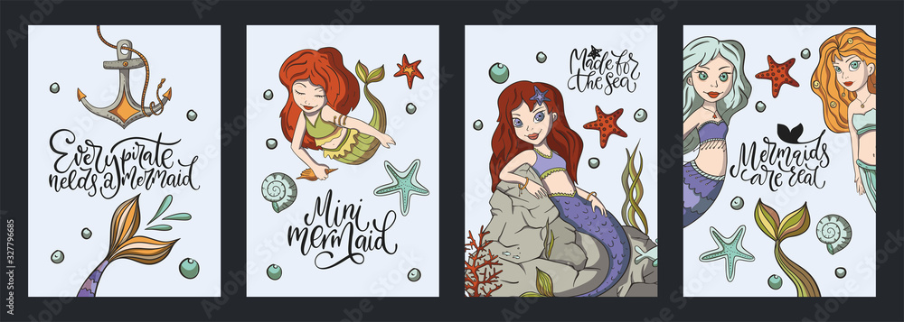 Lettering vector mermaid card set with cute illustration and hand drawn calligraphy greeting quote. Collection with cute kid and girl print and funny typography handwritten text. Lettering vector mermaid card set with cute illustration and hand drawn calligraphy greeting quote. Collection with cute kid and girl print and funny typography handwritten text.