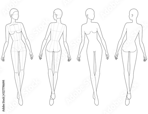 Fashion template of walking women looking right. 
