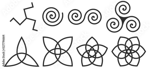Triskelion - motif consisting of triple elements exhibiting rotational symmetry. Vector illustrations set.