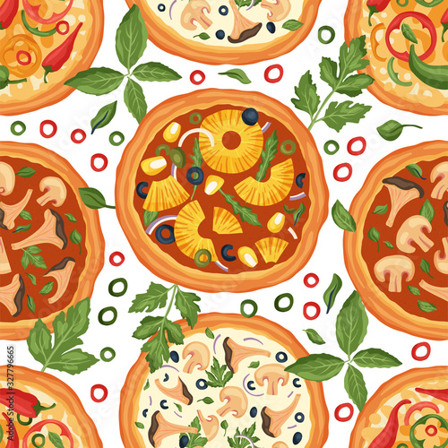 Italian cheese pineapple chili cayenne pepper and mushroom pizza vector illustration. Delicious tasty snack seamless pattern. Flat design. Pizza meal food ingredient - pineapple, olive, greens corn.