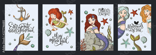 Lettering vector mermaid card set with cute illustration and hand drawn calligraphy greeting quote. Collection with cute kid and girl print and funny typography handwritten text.