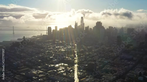 Aerial view of San Francisco cityscape with skyscrapers in beautiful morning mist