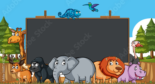 Board template with wild animals in the field background