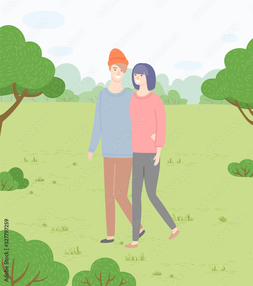 Man and woman, couple in love holding hands walking in park vector. Romantic relationship, date on nature, girl and guy, dating or romance, lovers