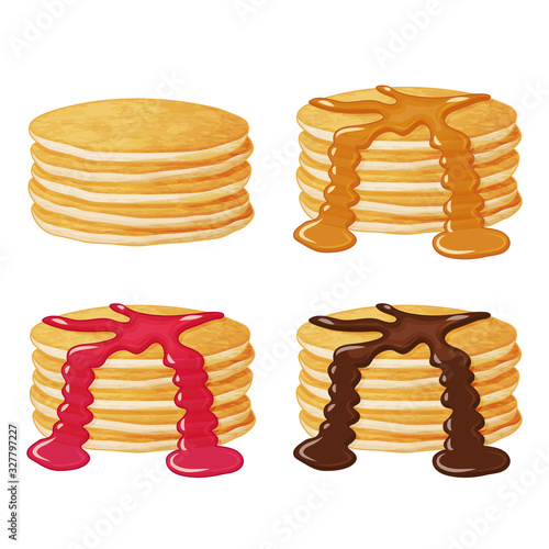 Set of tasty pancakes with sauces. Object for packaging, advertisements, menu. Isolated on white. Vector illustration. Realistic.