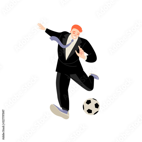 A man in a black suit prepares to hit the ball. The symbolic image of attempt, active action in business.