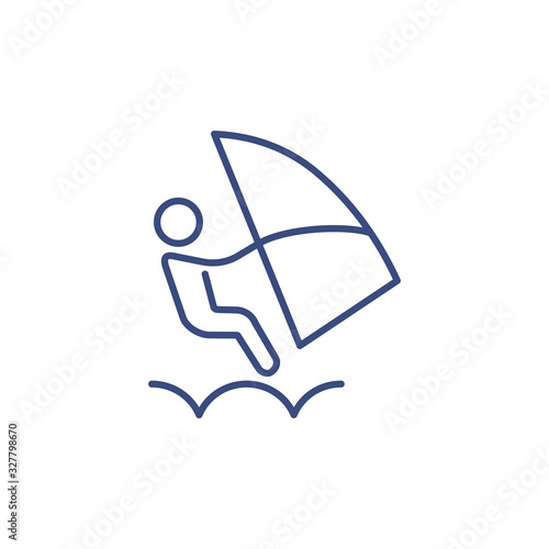Man, sail, sea wave. Vector linear icon isolated on white background.