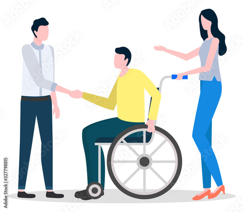 Disabled man sitting on wheelchair. Guys talking with each other. Woman assist handicap person with disability or injury. Socialization of paraplegic human. Vector illustration in flat style