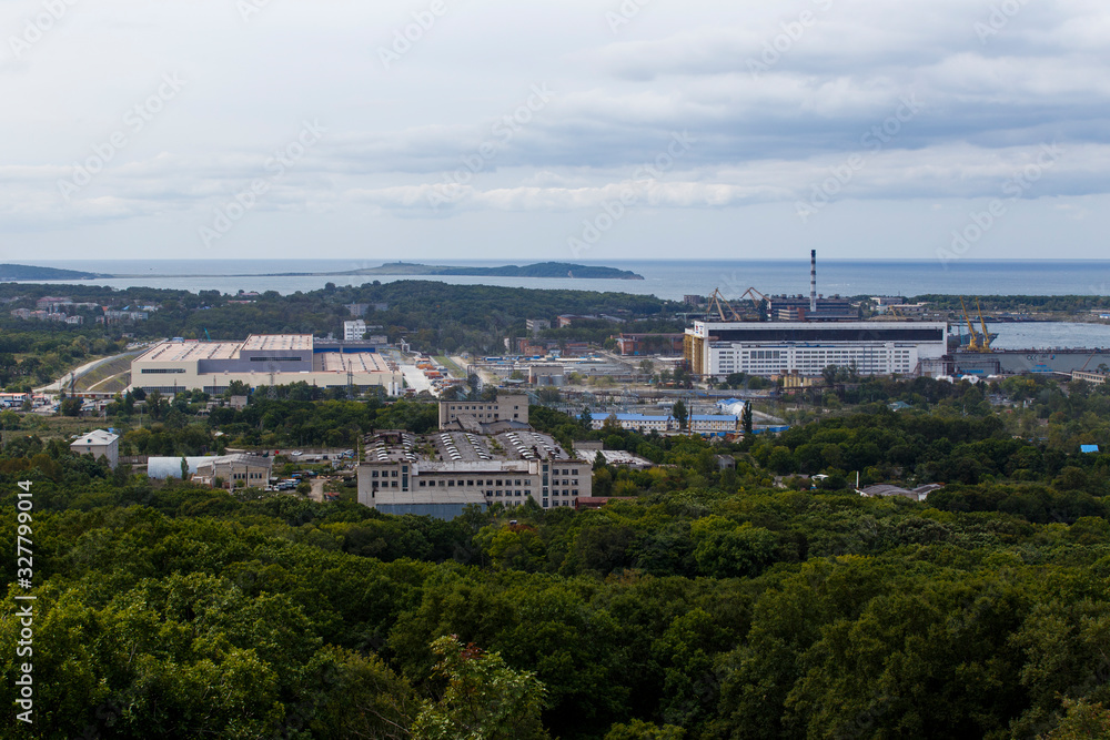 Panoramic shot. Territory and industrial buildings of the Far Eastern Military Plant Zvezda