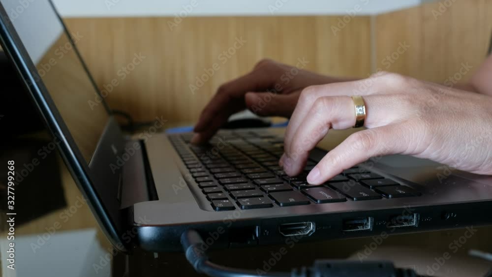 woman typing keyboard, girl using computer for work, closeup finger woman typing keyboard, girl using computer for work, closeup finger