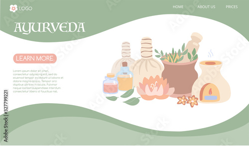 Vector illustration Ayurveda in modern flat style. Landing page template on Ayurvedic massage and Aromatherapy. Horizontal banner for Spa, Wellness, Body Care theme web sites.