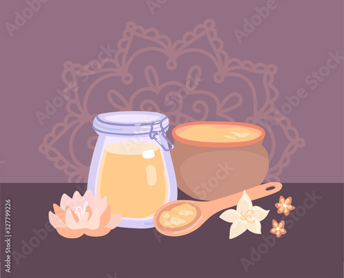 Ghee butter. Vector illustration of traditional Indian clarified dairy product. Set of a glass jar, clay pot, wooden spoon, flowers, and Mehndi ornament. Healthy eating and Cooking theme.
