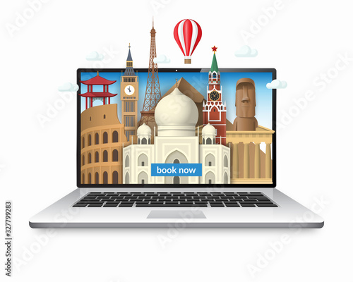 Travel and tourism concept illustration. Laptop with famous world tourist attractions isolated on white background