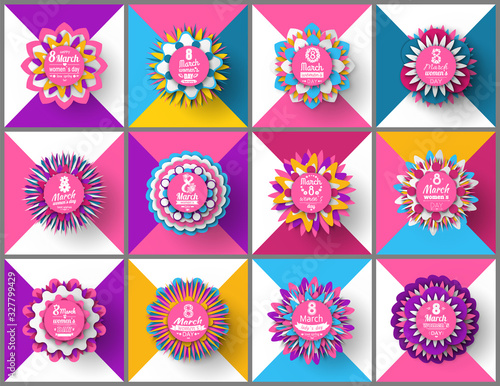 Womens day, 8 March, set of spring greeting card decorated by flowers, pink color of poster with blossom, international holiday, round origami vector