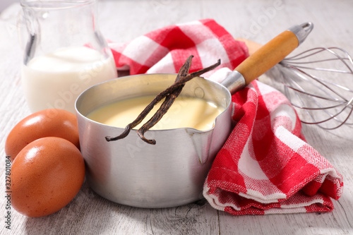 Valokuvatapetti custard creme with ingredient- vanilla, milk and egg