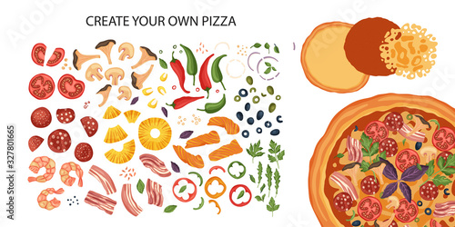 Italian cheese pizza creator vector illustration. Delicious tasty snack with mushroom and chili pepper. Create your own pizza. Flat design. Baked cake and ingredients - tomato, salami, basil and fish