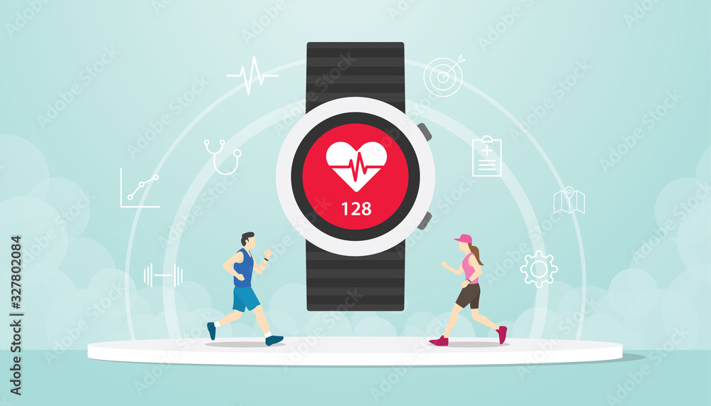 smart watch apps tracker with hand wrist and people male and female running smart watch apps tracker with hand wrist and people male and female running