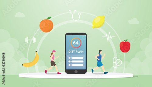 diet plan concept apps tracker with checklist on smartphone and healthy fruits and icon with modern flat style