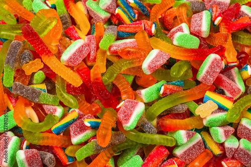 Assorted gummy candies. Top view. Jelly sweets background.