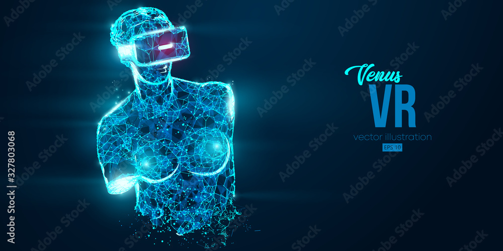 VR headset holographic low poly wireframe banner. Abstract silhouette of the polygonal statue of Venus, woman wearing virtual reality glasses. VR games. Particles on blue background, vector neon