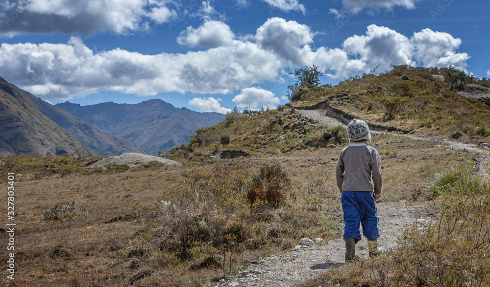 Laguna Carpa Peru. Andes. Indian boy walking on a path