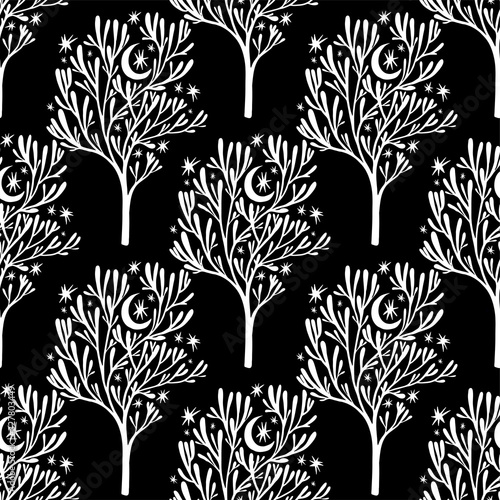 Nature seamless pattern background with forest trees, stars, moon.