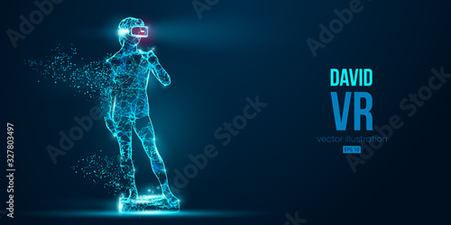 VR headset holographic low poly wireframe banner. Abstract silhouette of the polygonal statue of David, man wearing virtual reality glasses. VR games. Particles on blue background, vector neon