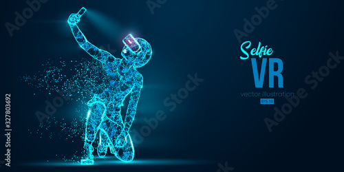 VR headset holographic low poly wireframe banner. Abstract silhouette of a woman, a girl in virtual reality glasses smiles and takes a selfie photo. VR games. Particles on blue background, vector neon