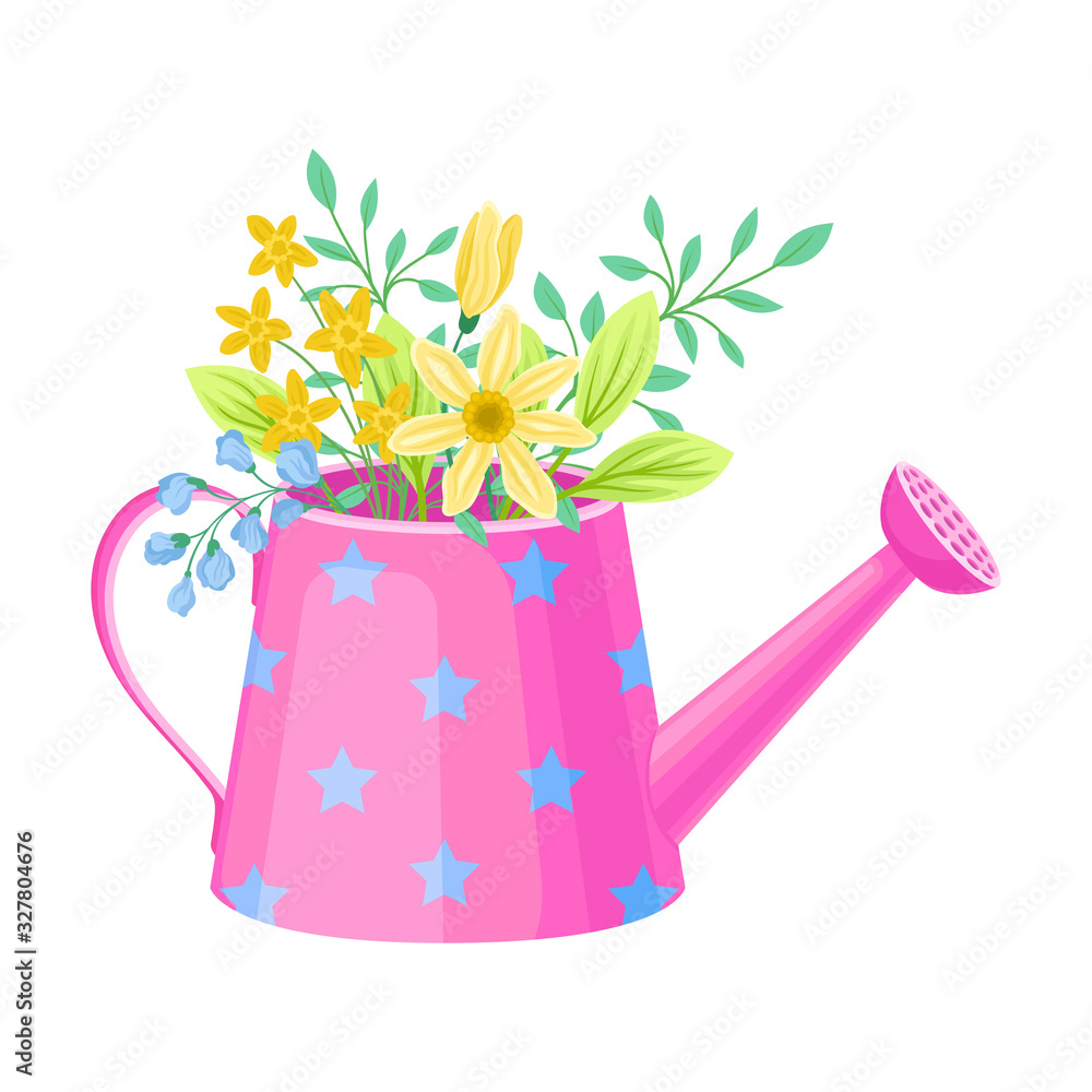 Flower Bouquet Put in Watering Can Vector Illustration Flower Bouquet Put in Watering Can Vector Illustration