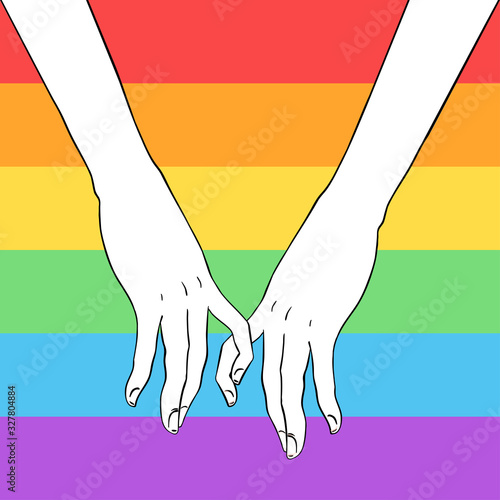 Two women holding hands over gay community rainbow colored flag. Lesbian couple. Vector illustration. Valentine's Day card design. LGBT sign for textiles and fabrics, t-shirts, pins and stickers.