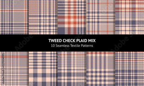 Seamless glen plaid pattern. Tweed fabric texture in purple grey, pink, and red for jacket, coat, skirt, trousers, or other modern spring and autumn fashion textile print.